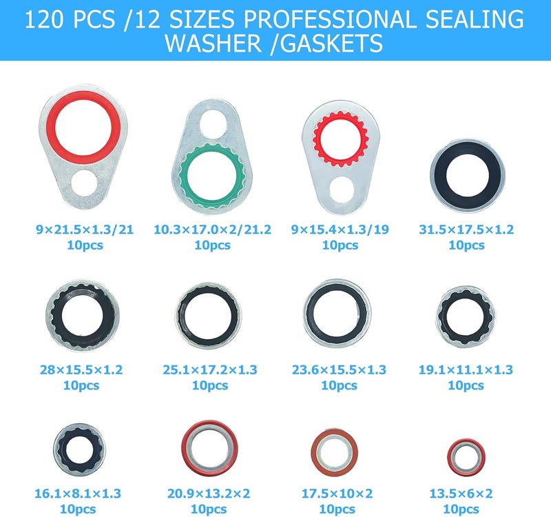 AClengda 120pcs automotive A/C system compressor gasket seal, Air Conditioner Compressor Port Seal Gasket Kit Bonded Gasket Seal Assortment Set (120 pcs) - Image 3